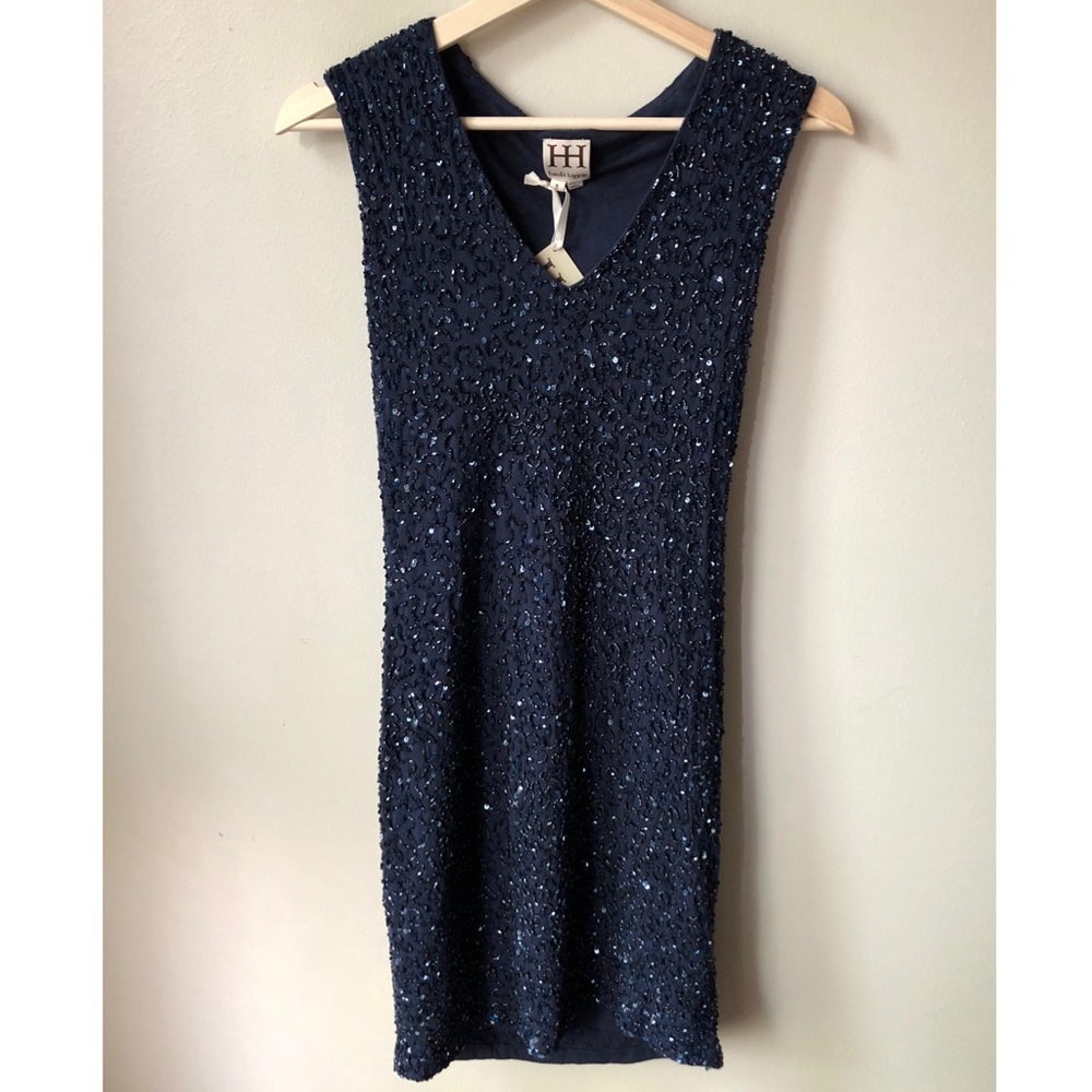 Haute Hippie β’ S β’ Navy Beaded V Neck Sleeveless Open Draped Back Mini Dress